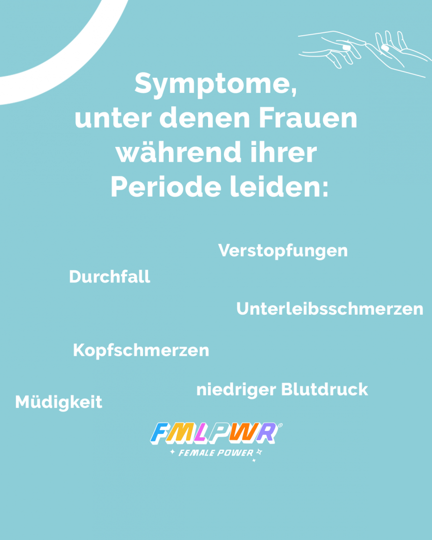 Symptome, unter denen Frauen während ihrer Periode leiden. Durchfall, Verstopfungen, Kopfschmerzen, Übelkeit, Müdigkeit, Unterleibsschmerzen, niedriger Blutdruck