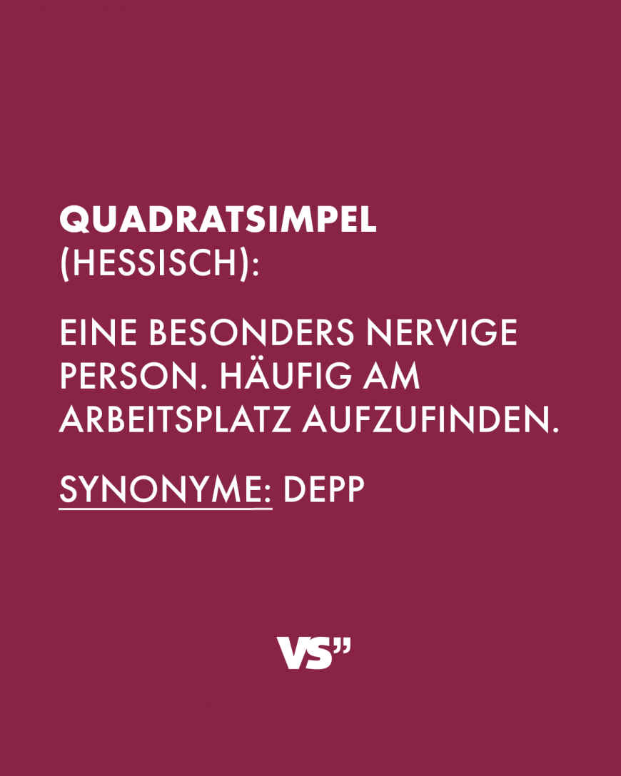 Quadratsimpel (hessisch): Eine besonders nervige Person. Häufig am Arbeitsplatz aufzufinden. Synonyme: Depp